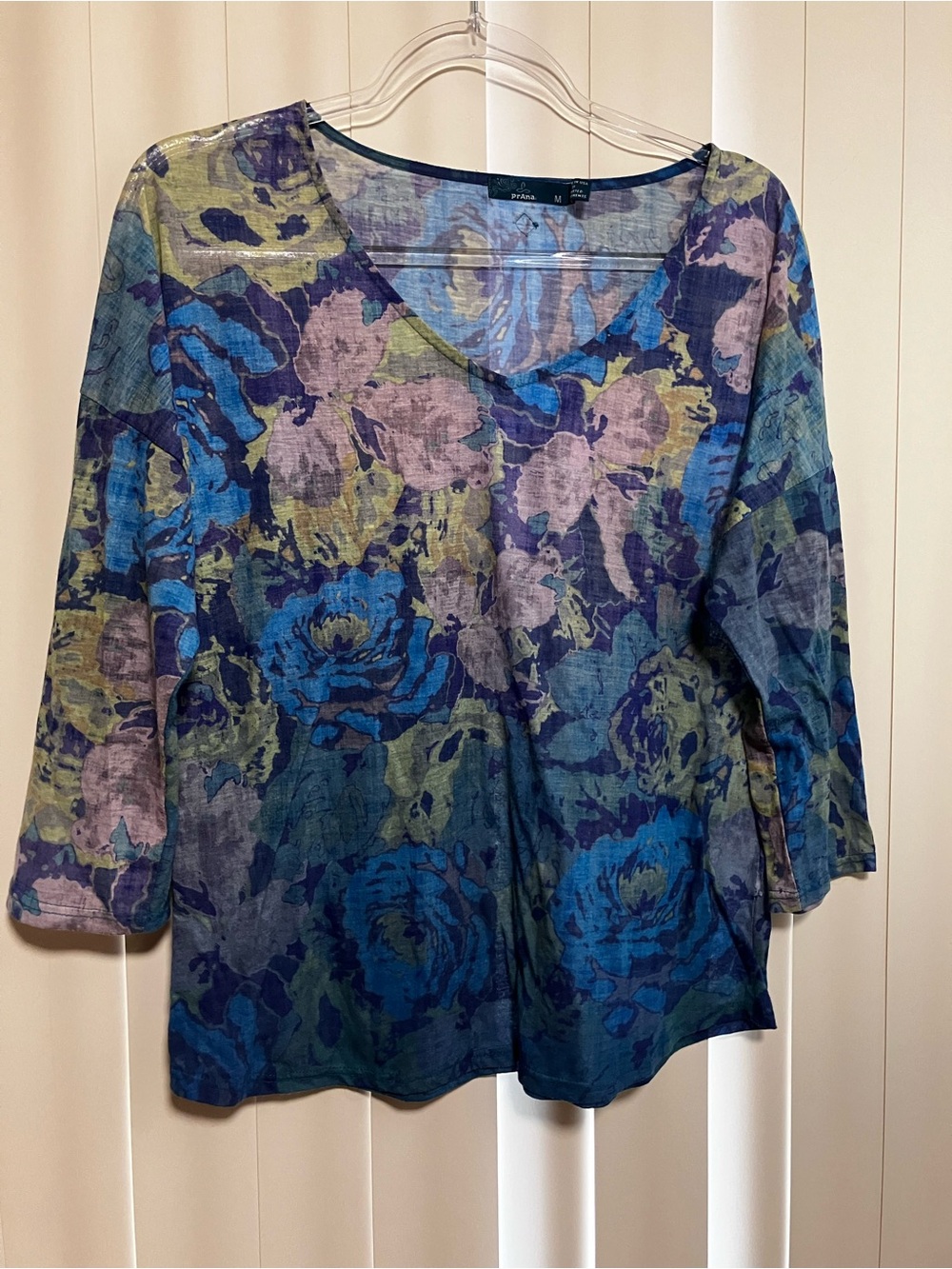 Prana Blue Purple Floral V-Neck Long Sleeve Top